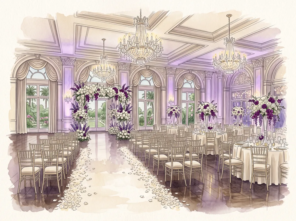 Watercolor of the ballroom dressed for the wedding